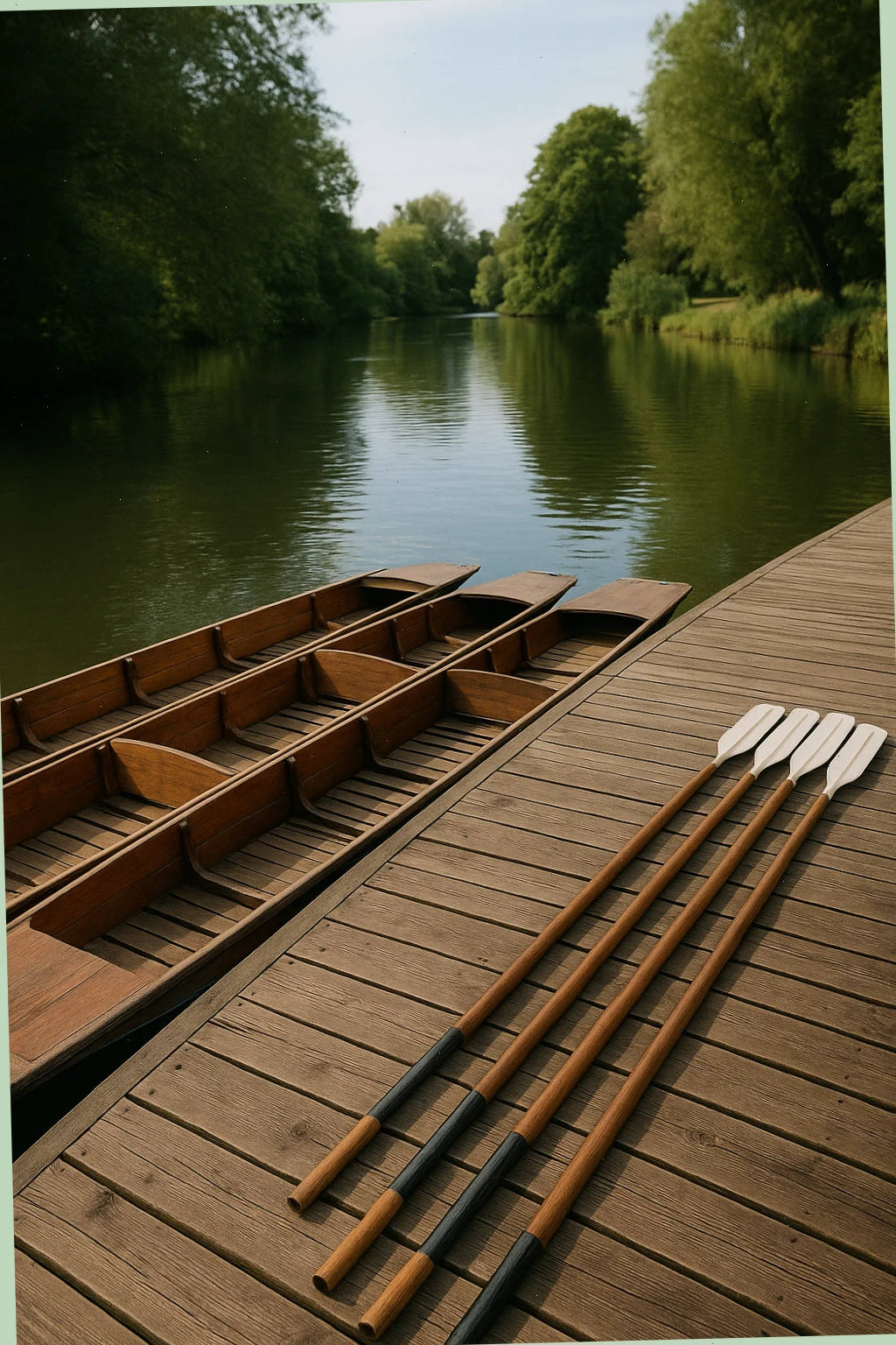 wooden jetty on the River Cherwell with punts and oars ready for hire